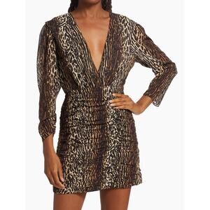 Rixo Golden Leopard Stretch Silk Ruched Deep V Neck Mini Dress 2
